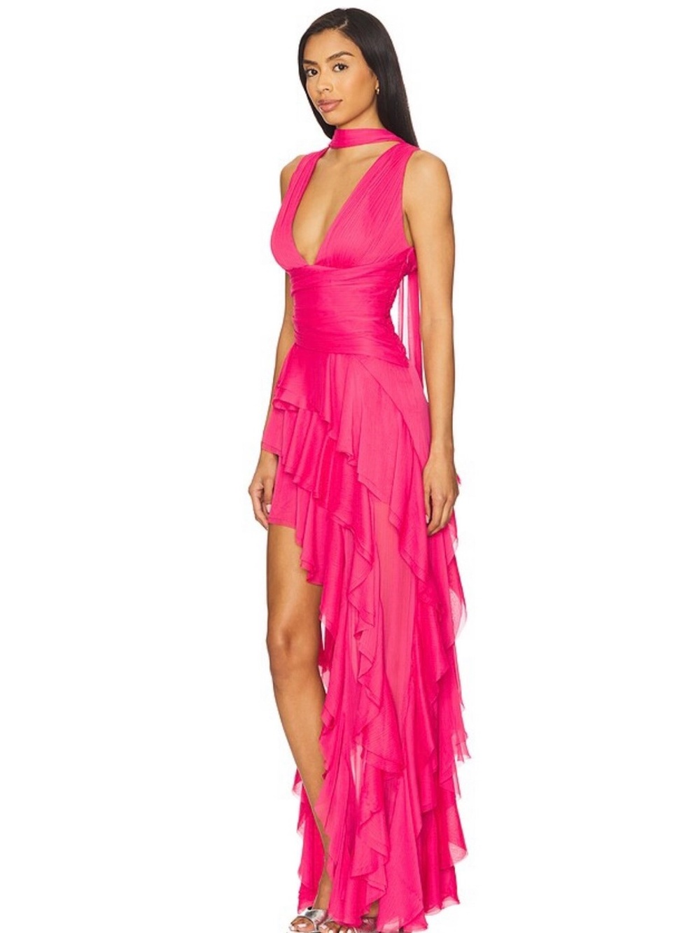 Alice + Olivia Fuchsia Ruffled High-Low V-Neck Dress - Picture 3 of 10